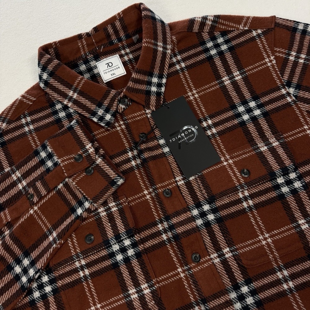 NWOT 7 Diamonds Generation Soft Flannel Shirt Mens XXL Brown Plaid 4-Way Stretch